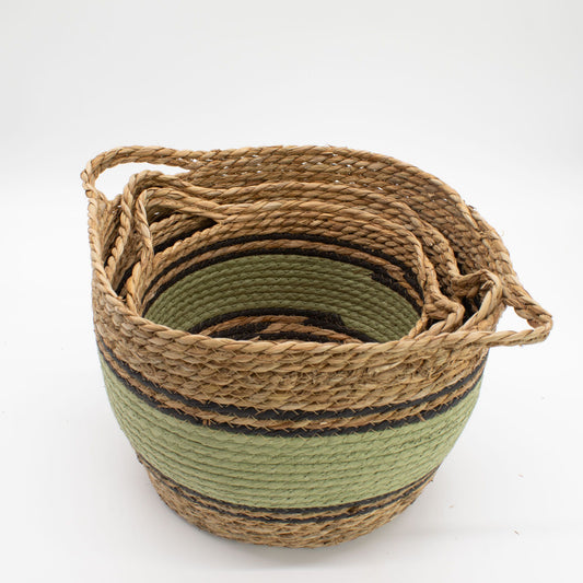 Cestas grandes de algodón y pasto marino - natural, negro y verde - juego de 3